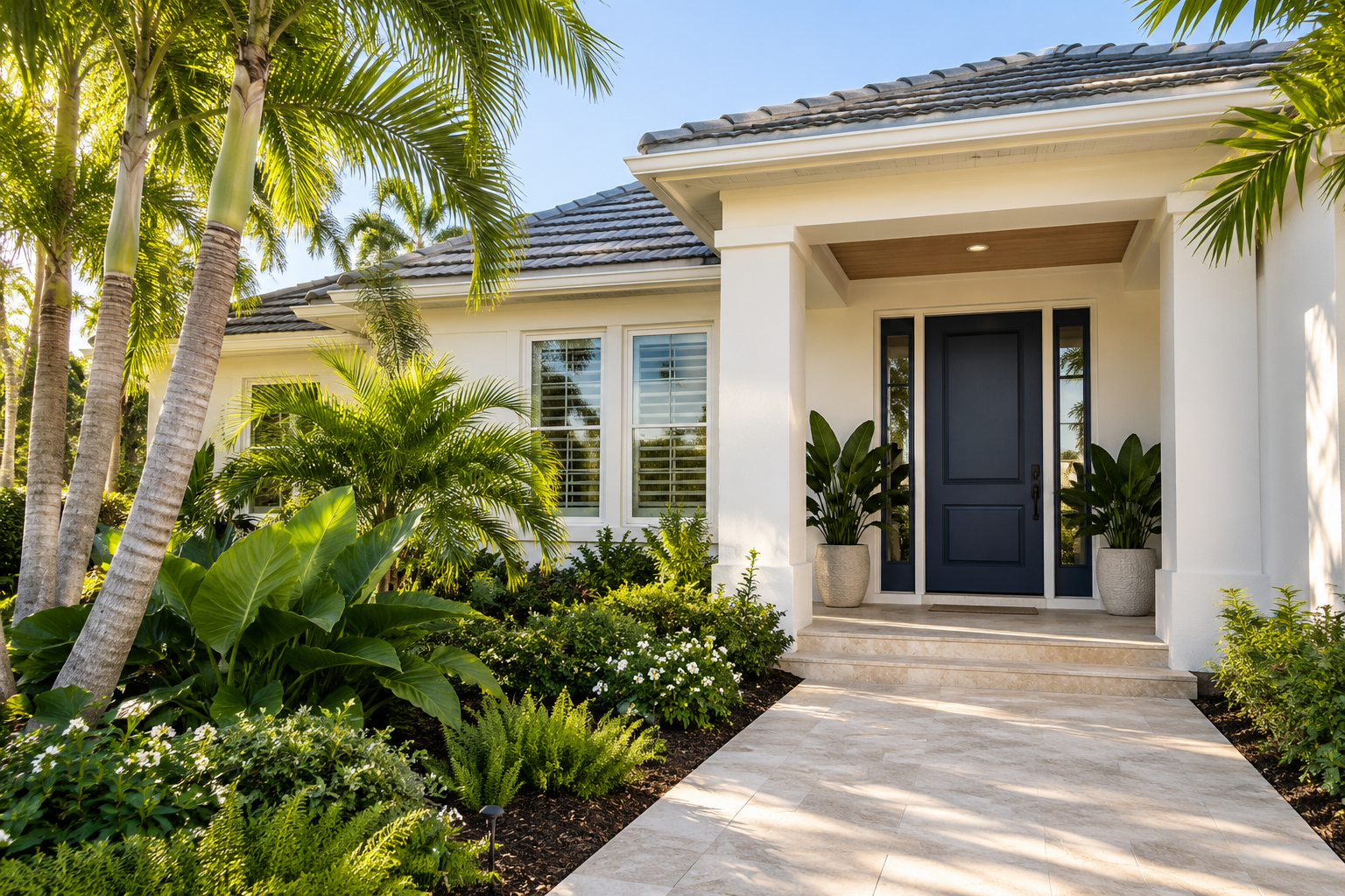 Welcoming front entry of a coastal Florida home